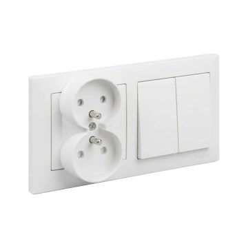Legrand - Doppelsteckdose für den Wohnbereich und Zweifach-Serienschalter č. 5 mit Rahmen SUNO 250V weiß