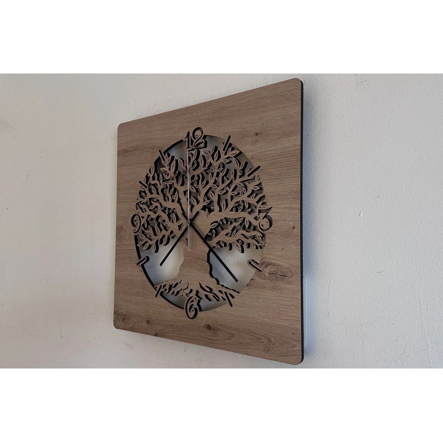 Li-Go 23537/DUB2 - LED-dimmbare Wanduhr LED/10W/5V 20000 mAh 42x42 cm Eiche/Olivenholz rund + Fernbedienung