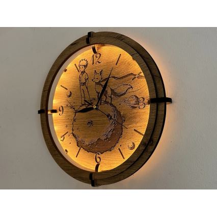 Li-Go 23712/DUB/BAT2 - LED-dimmbare Uhr mit Bewegungssensor LED/10W/5V 20000 mAh + 1xAA Ø 32 cm Eiche/Der kleine Prinz