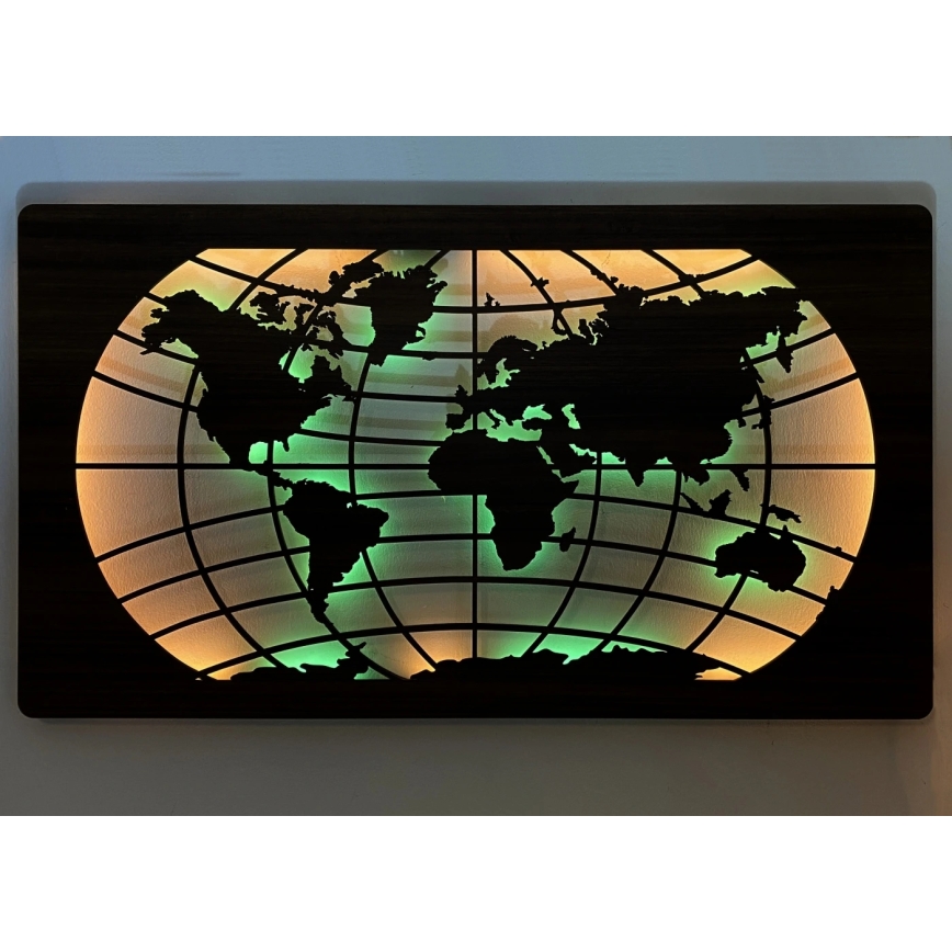 Li-Go 4709/DUB2 - LED RGBW dimmbare Wanddekoration LED/24W/230V 125x74 cm Eiche/Weltkarte mit Breitengraden + Fernbedienung