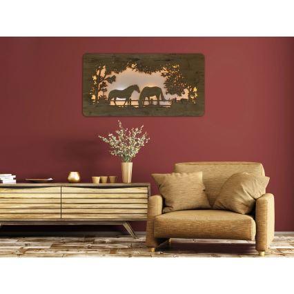 Li-Go 5012/B/4 - Dimmbare LED-Wanddekoration LED/10W/5V 30000 mAh 120x60 cm Eiche/Pferde + Fernbedienung