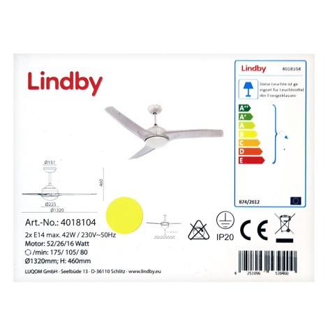 Lindby - Deckenventilator EMANUEL 2xE14/42W/230V + Fernbedienung
