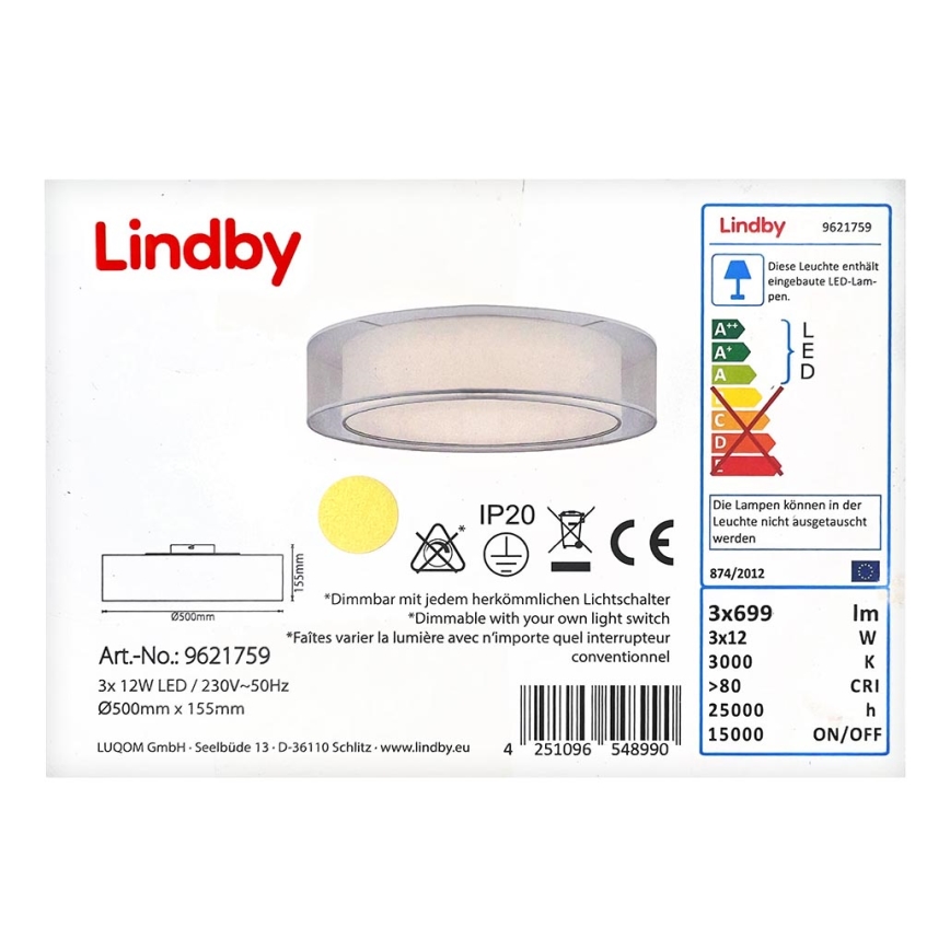 Lindby - Dimmbare LED-Deckenleuchte AMON 3xLED/12W/230V