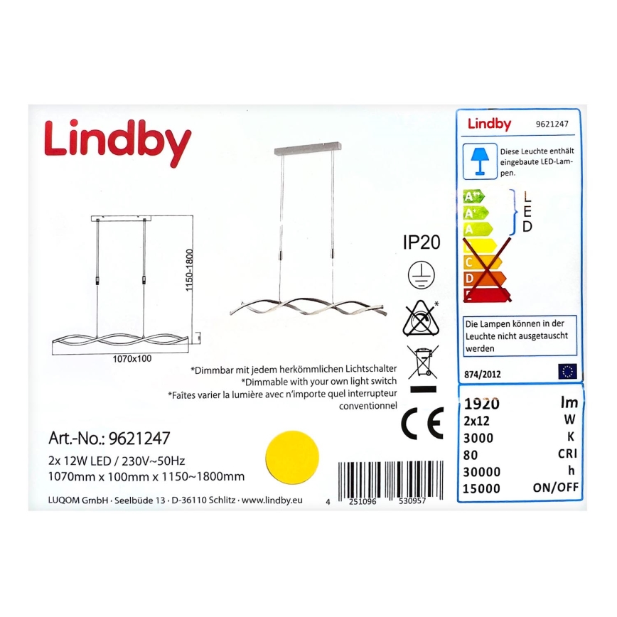 Lindby - Dimmbare LED-Hängeleuchte an Schnur AURON 2xLED/12W/230V