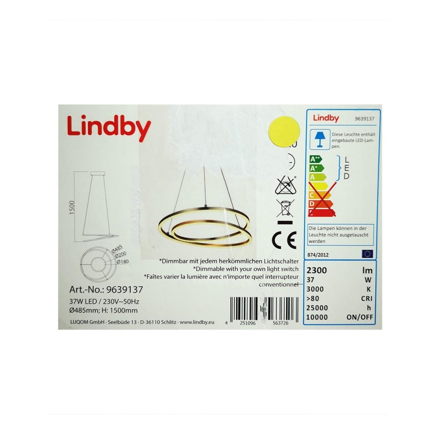 Lindby - Dimmbare LED-Hängeleuchte an Schnur DAVIAN LED/37W/230V