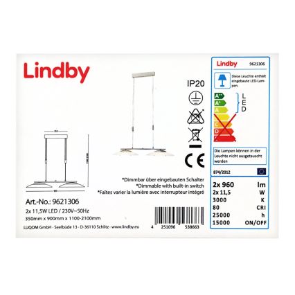 Lindby - Dimmbare LED-Hängeleuchte an Schnur JUDIE 2xLED/11,5W/230V