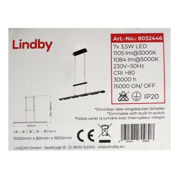 Lindby - Dimmbare LED-Hängeleuchte an Schnur NAIARA 7xLED/4W/230V