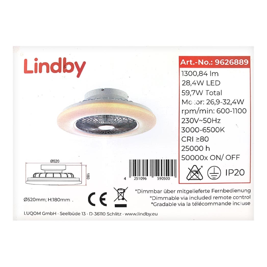 Lindby - Dimmbarer LED-Deckenventilator YUNUS LED/28,4W/230V + Fernbedienung