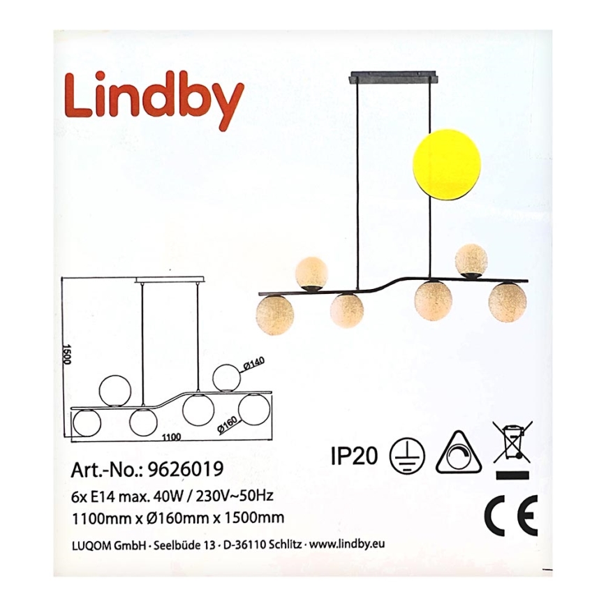 Lindby - Hängeleuchte an Schnur AVALYN 6xE14/40W/230V