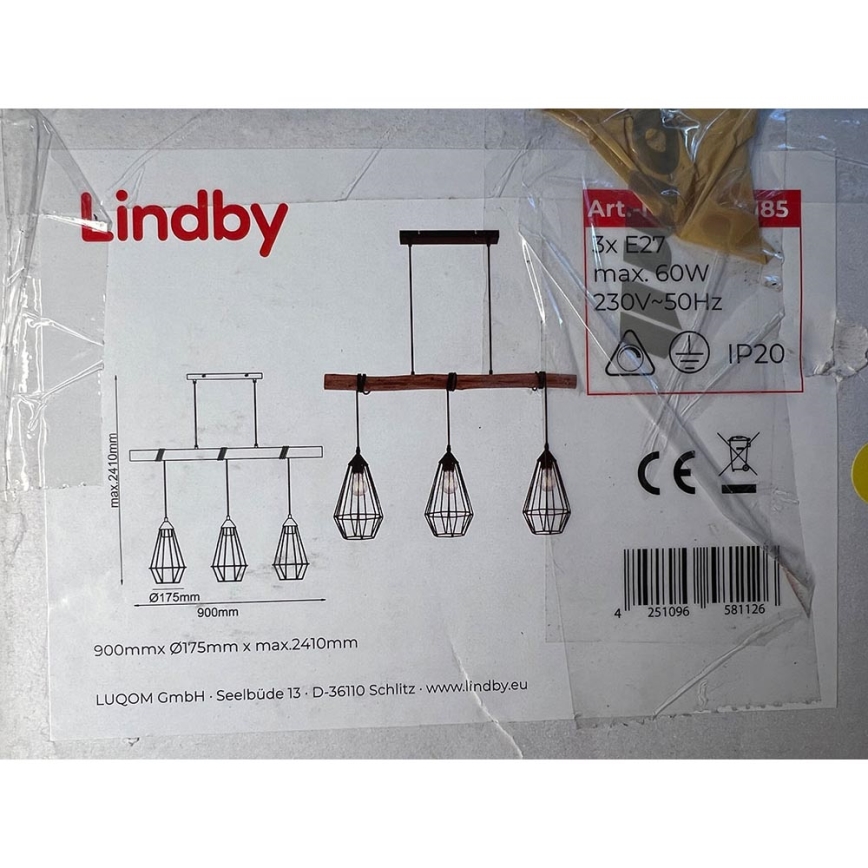 Lindby - Hängeleuchte an Schnur ELDARION 3xE27/60W/230V