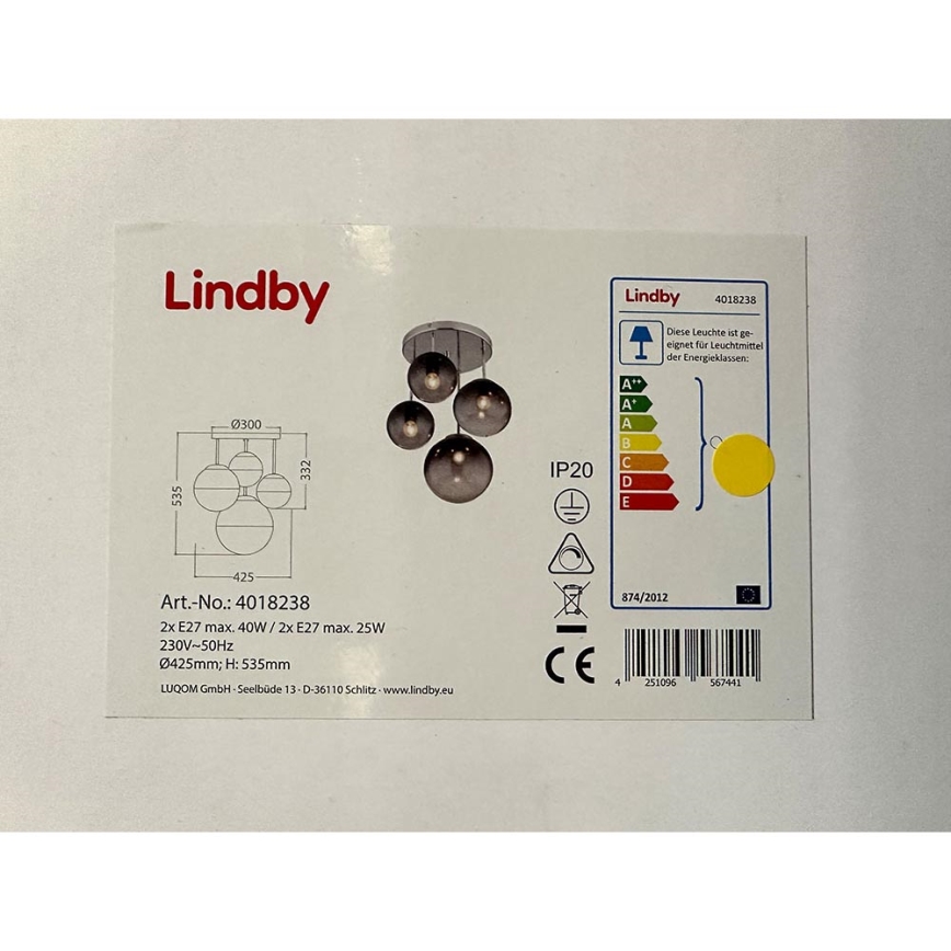 Lindby - Hängeleuchte an Stange ROBYN 2xE27/40W/230V + 2xE27/25W/230V