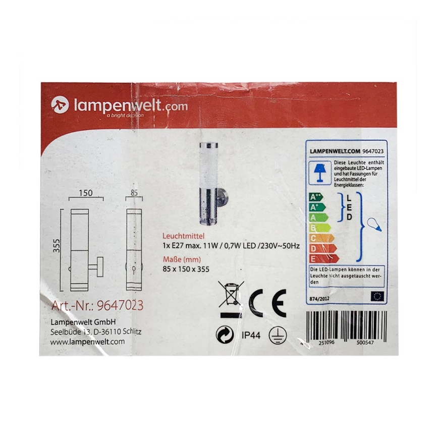 Lindby - LED-Außenleuchte mit Sensor BINKA 1xE27/11W/230V + LED/0,7W/230V IP44