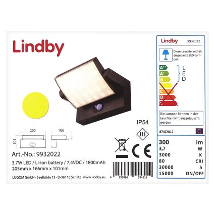 Lindby - LED Solar-Wandleuchte mit Sensor SHERIN LED/3,7W/7,4V 1800 mAh IP54