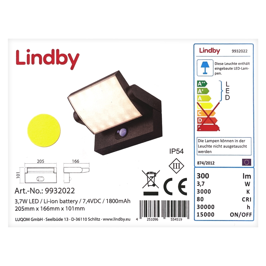 Lindby - LED Solar-Wandleuchte mit Sensor SHERIN LED/3,7W/7,4V 1800 mAh IP54