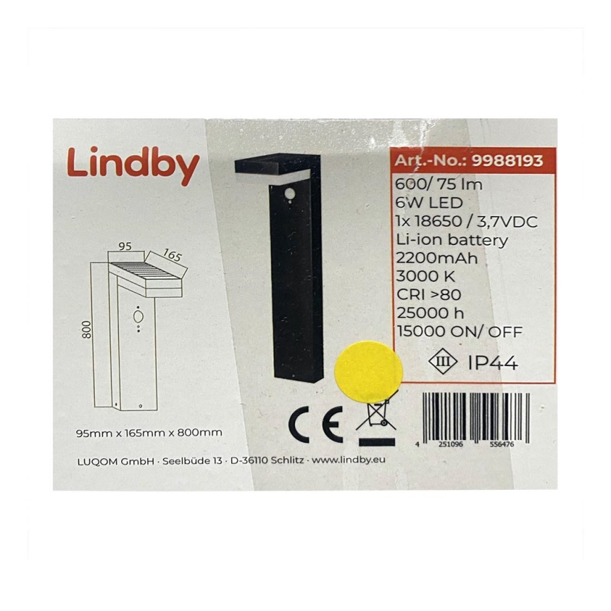 Lindby – LED-Solarlampe mit Sensor CHIOMA LED/6W/3,7V IP44