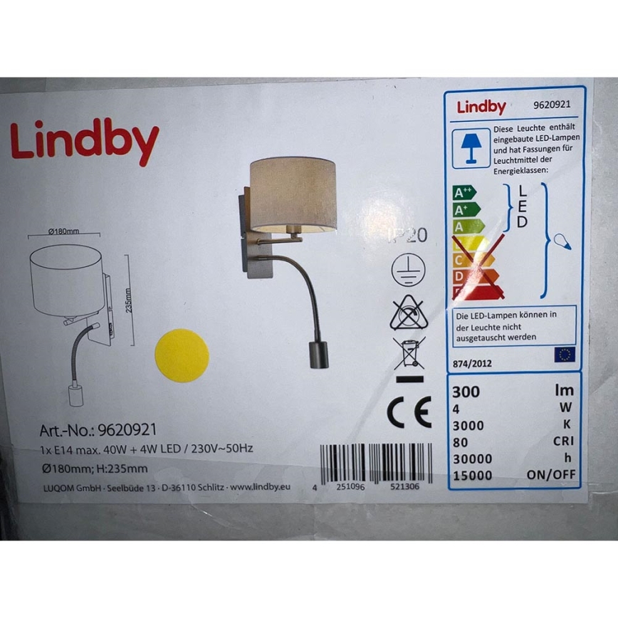 Lindby - Wandlampe FLORENS 1xE14/40W/230V + LED/4W/230V