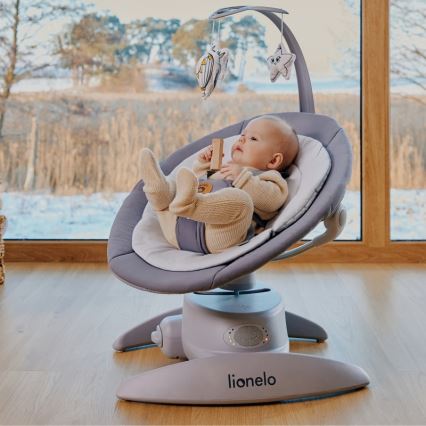Lionelo - Babywippe MELL mit Melodie, Grey Stone, 4x AA + Fernbedienung
