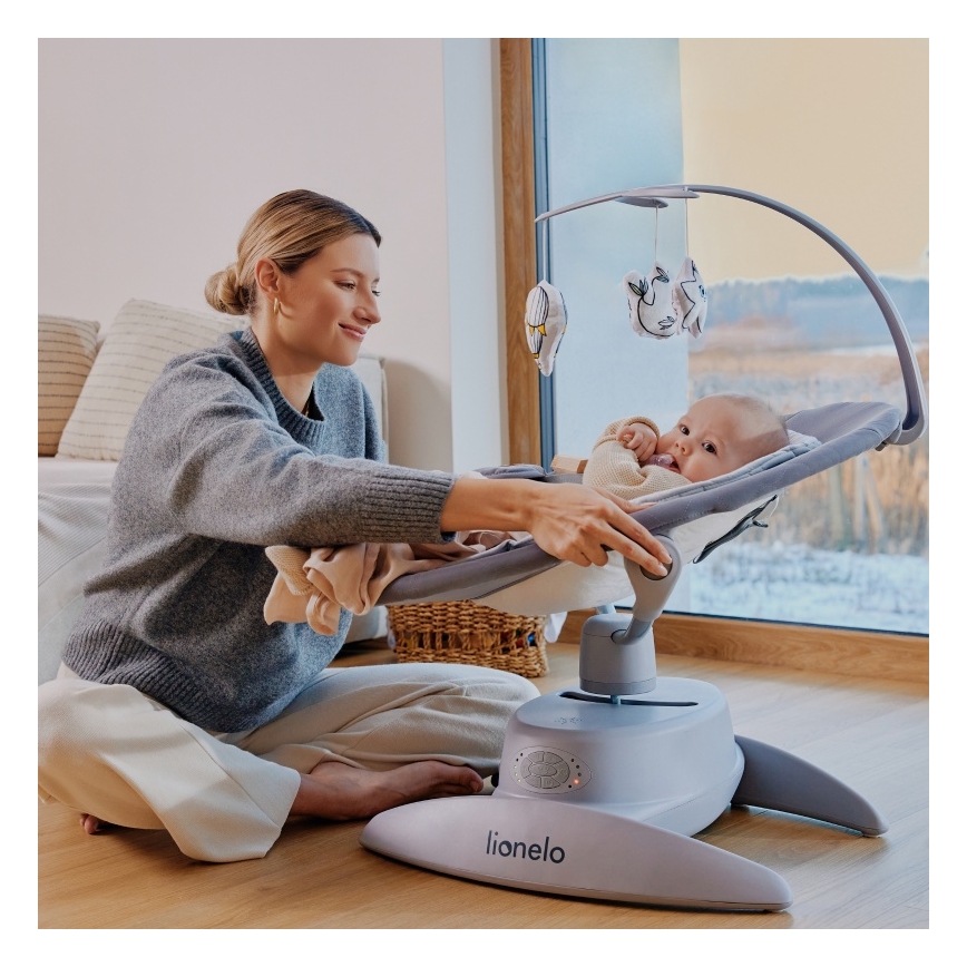 Lionelo - Babywippe MELL mit Melodie, Grey Stone, 4x AA + Fernbedienung