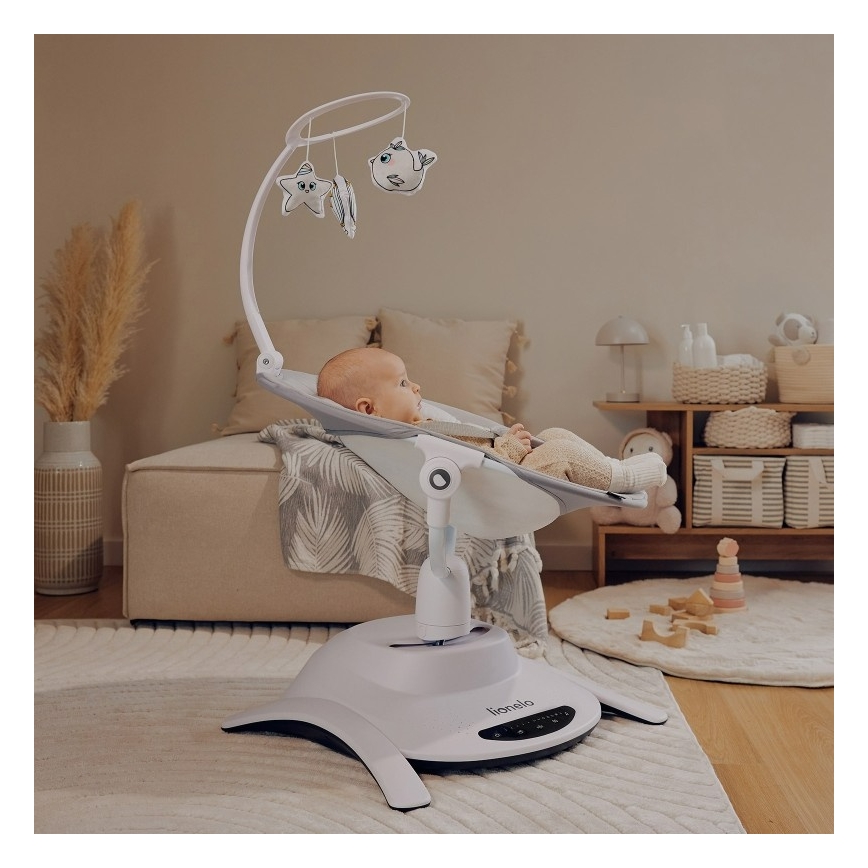 Lionelo - Babywippe mit Melodie 2-in-1 BELLA 4xAA Grey Concrete + Fernbedienung