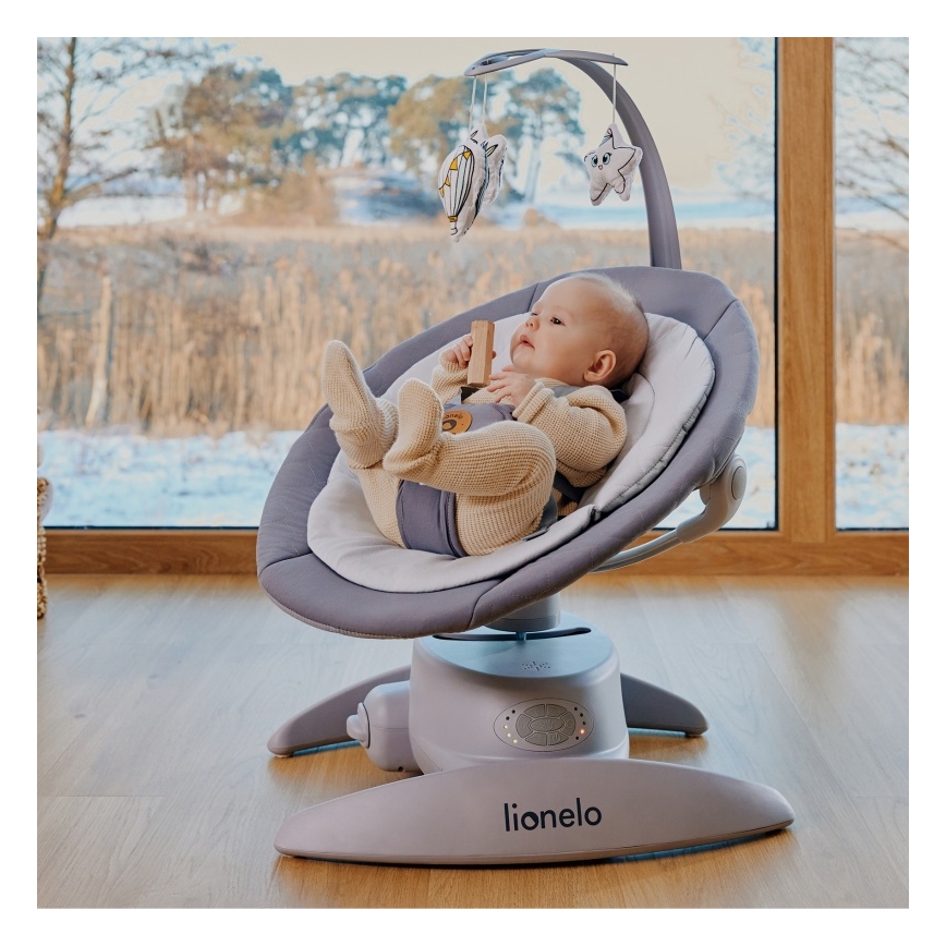 Lionelo - Babywippe mit Melodie MELL Grey Stone 4xAA + Fernbedienung