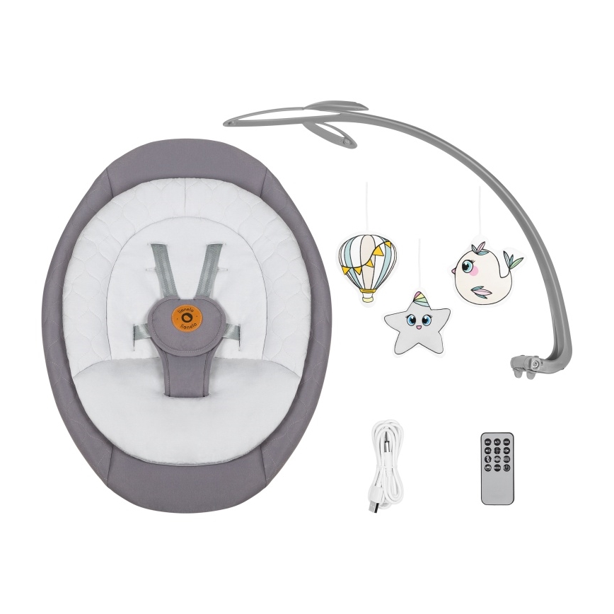 Lionelo - Babywippe mit Melodie MELL Grey Stone 4xAA + Fernbedienung
