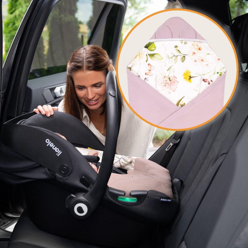 Lionelo - Reisedecke für das Auto TRAVEL SWADDLE 90x90 cm Pinke Blume