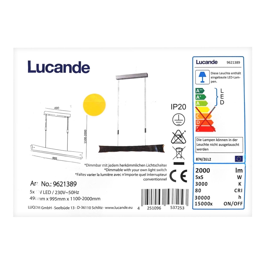 Lucande - Dimmbare LED-Hängeleuchte an Schnur EBBA 5xLED/5W/230V