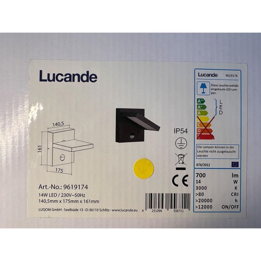 Lucande - LED-Außenwandleuchte mit Sensor SILVAN LED/14W/230V IP54