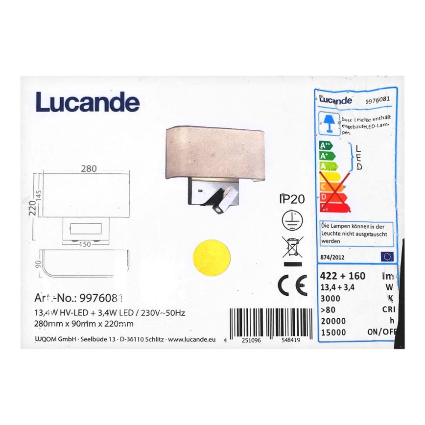 Lucande - LED-Wandleuchte VIRVE LED/13,4W/230V + LED/3,4W/230V