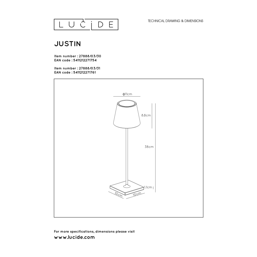 Lucide 27888/03/30 - LED dimmbare Tischleuchte JUSTIN LED/2,2W/5V IP54 schwarz