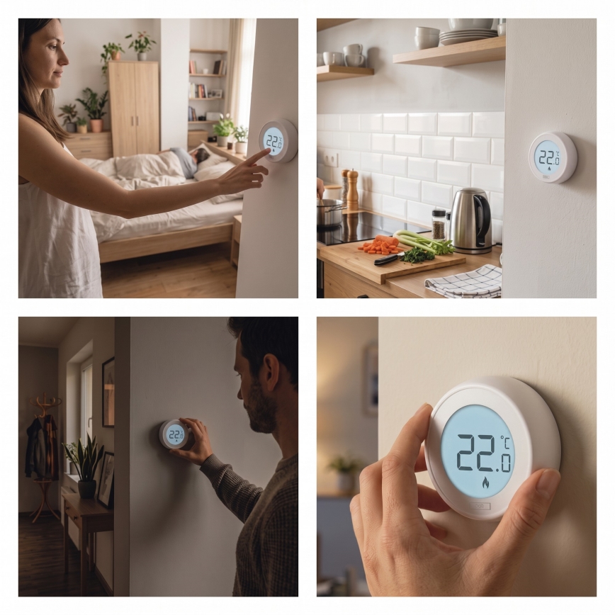 Manueller Raumthermostat 230 V/6 A, 2× AA‑Batterien, weiß