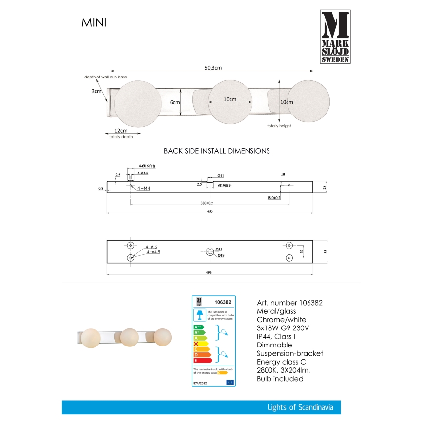 Markslöjd 106382 - Dimmbare Badezimmer Wandleuchte MINI 3xG9/18W/230V IP44