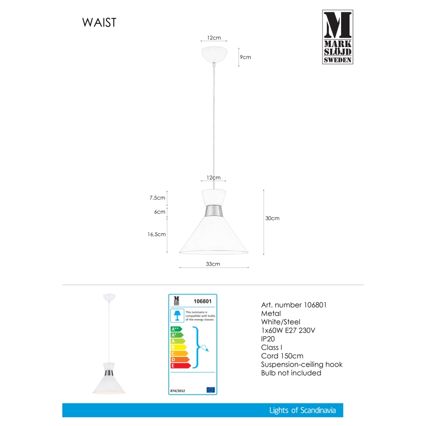 Markslöjd 106801 - Hängeleuchte WAIST 1xE27/60W/230V