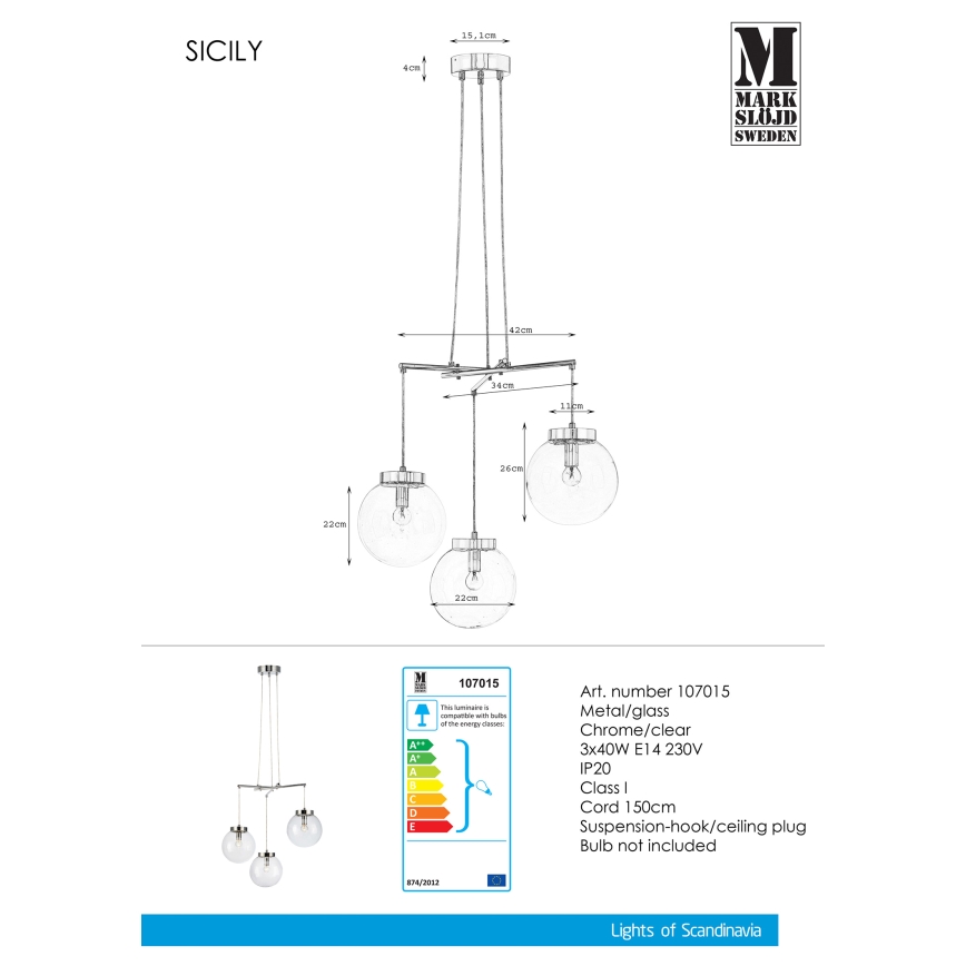 Markslöjd 107015 - Kronleuchter an einer Litze SICILY 3xE14/40W/230V