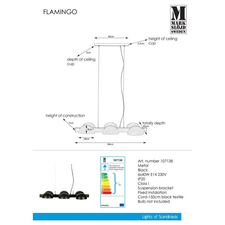 Markslöjd 107138 - Hängeleuchte FLAMINGO 6xE14/40W/230V schwarz