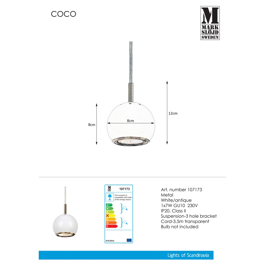 Markslöjd 107173 - Hängeleuchte COCO 1xGU10/7W/230V weiß