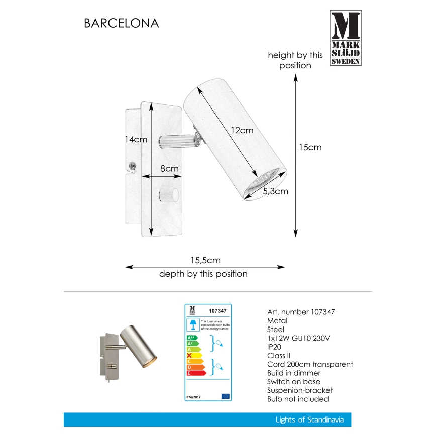 Markslöjd 107347 - Dimmbares Wandleuchten-Spot BARCELONA 1xGU10/12W/230V