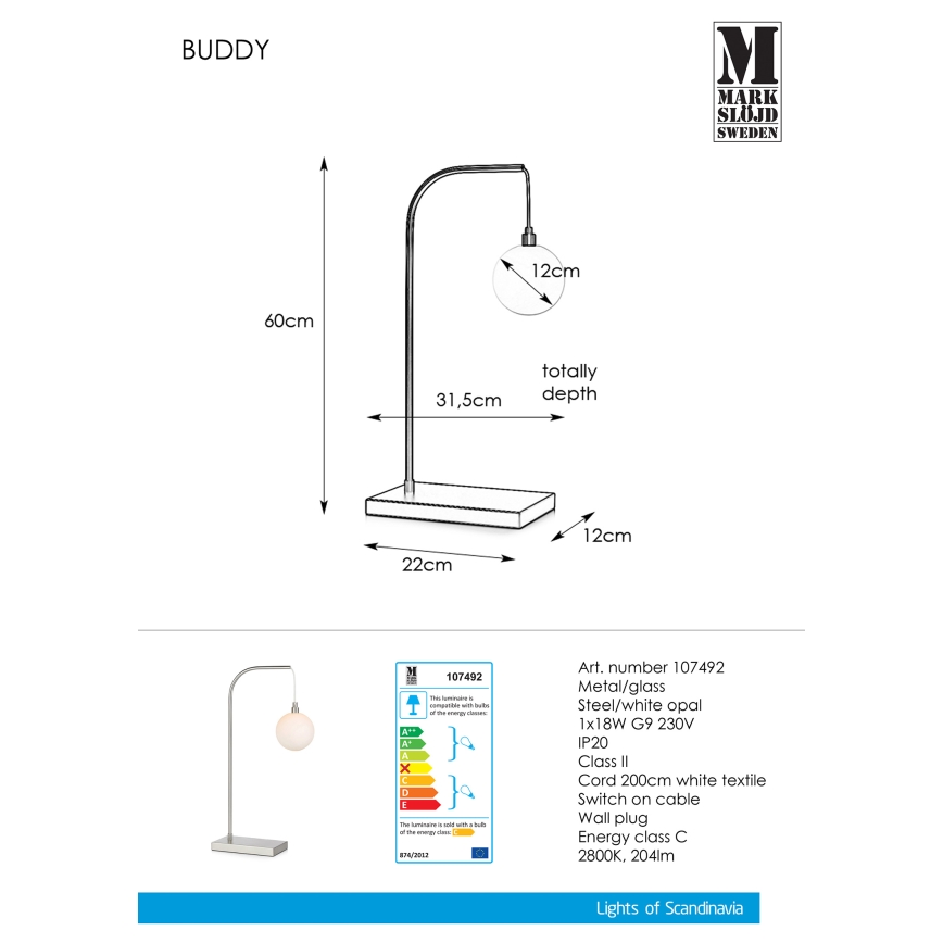 Markslöjd 107492 - Tischlampe BUDDY 1xG9/18W/230V