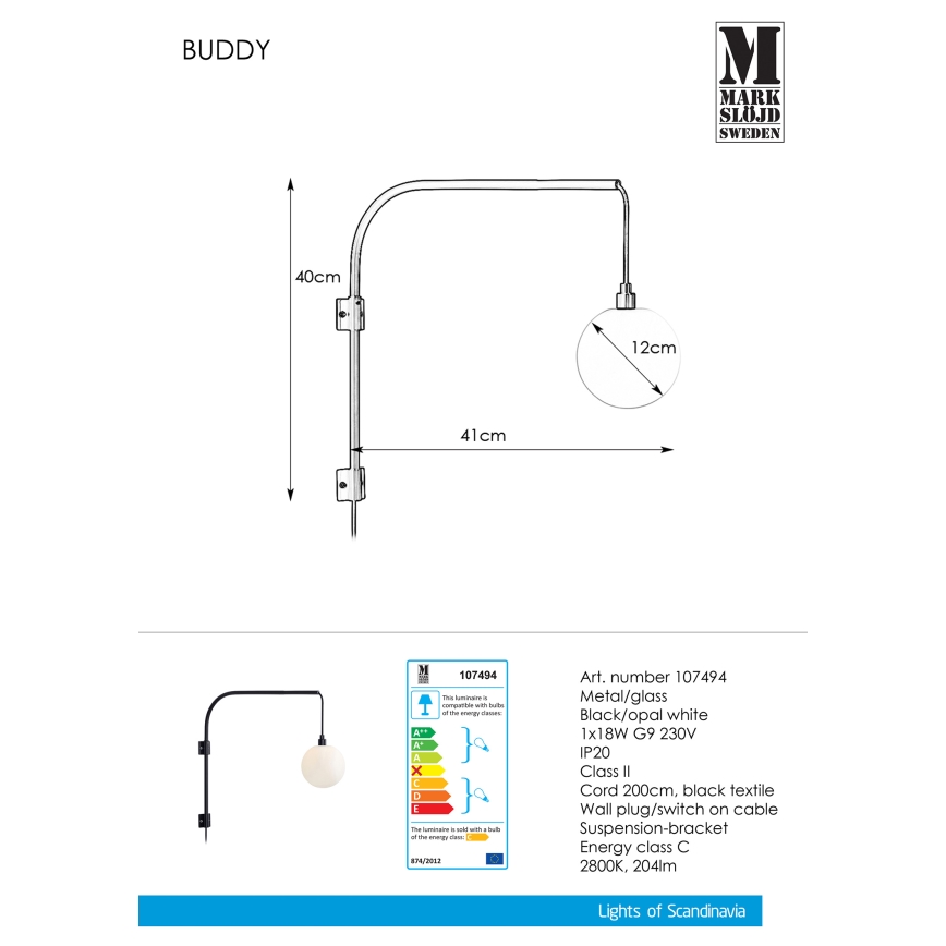 Markslöjd 107494 - Wandbeleuchtung BUDDY 1xG9/18W/230V