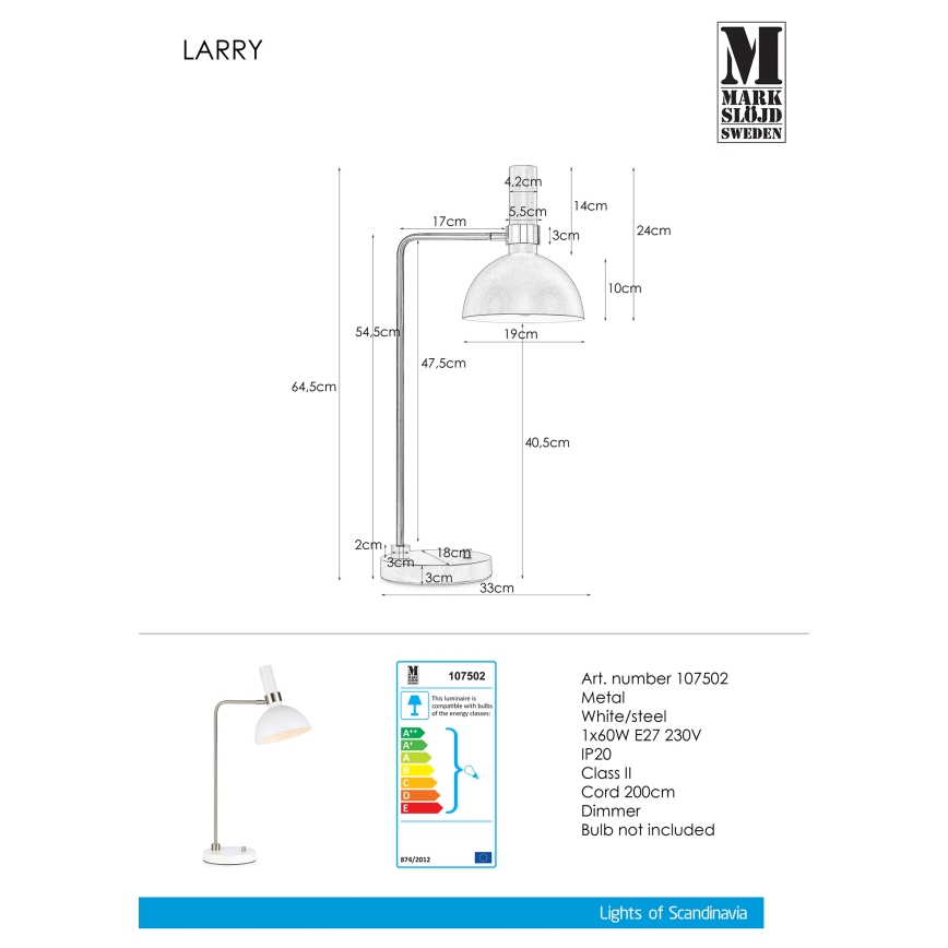 Markslöjd 107502 - Dimmbare Tischlampe LARRY 1xE27/60W/230V