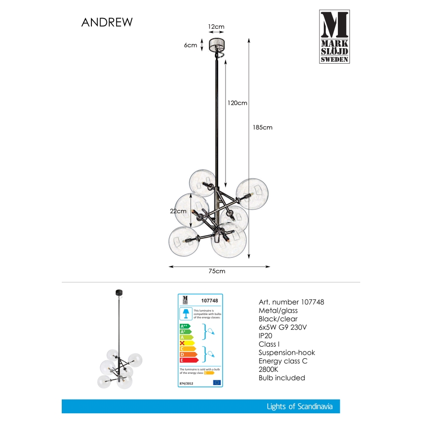 Markslöjd 107748 - Kronleuchter an einer Stange ANDREW 6xG9/5W/230V