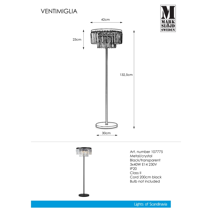 Markslöjd 107775 - Kristall-Stehleuchte VENTIMIGLIA 3xE14/40W/230V