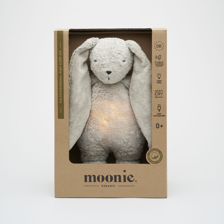 Moonie - Kuscheltier mit Melodie und Licht Hase ökologisch grau Natur