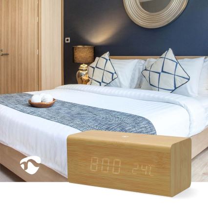 Digitaler Wecker mit LED-Display und Thermometer, 5V/1xCR2032, aus Holz