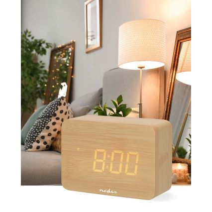 Digitaler Wecker mit LED-Display und Thermometer, 5V/3xAAA, aus Holz