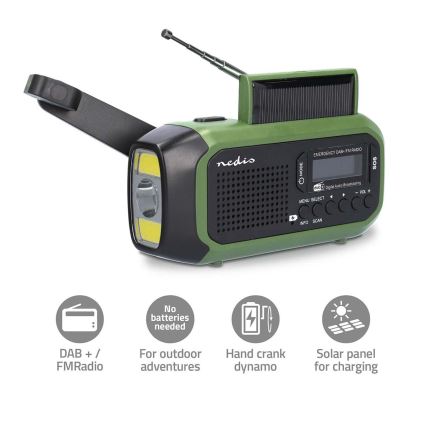 DAB+/FM-Kurbelradio mit Solarpanel und LED-Taschenlampe, 5 V/2500 mAh, grün/schwarz