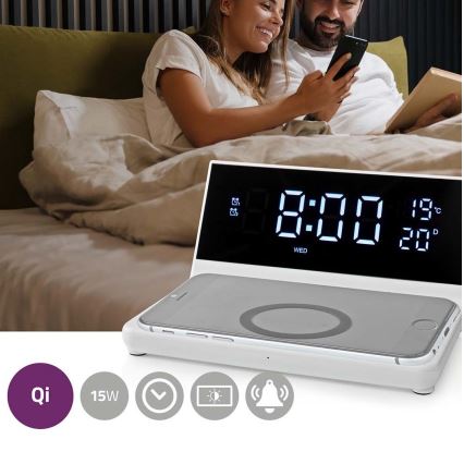Wecker mit LCD-Anzeige und kabellosem Ladegerät 15W/230V + 1xCR2032 weiß