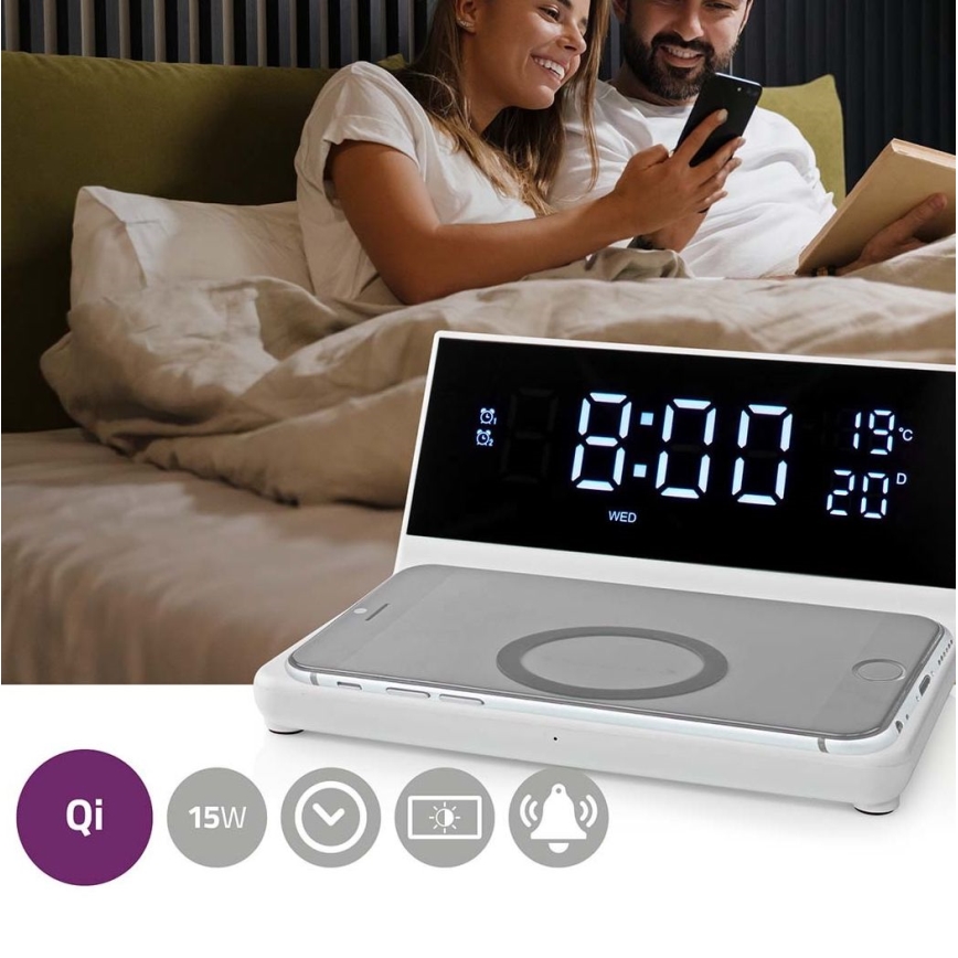 Wecker mit LCD-Anzeige und kabellosem Ladegerät 15W/230V + 1xCR2032 weiß