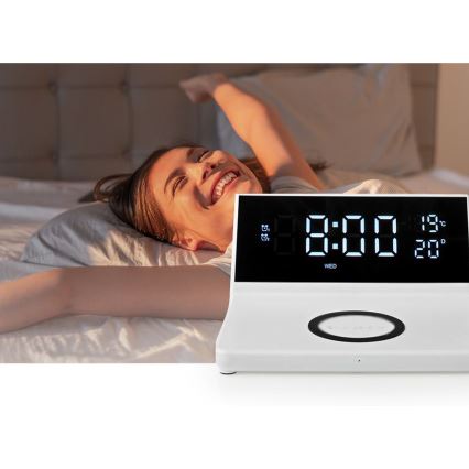 Wecker mit LCD-Anzeige und kabellosem Ladegerät 15W/230V + 1xCR2032 weiß