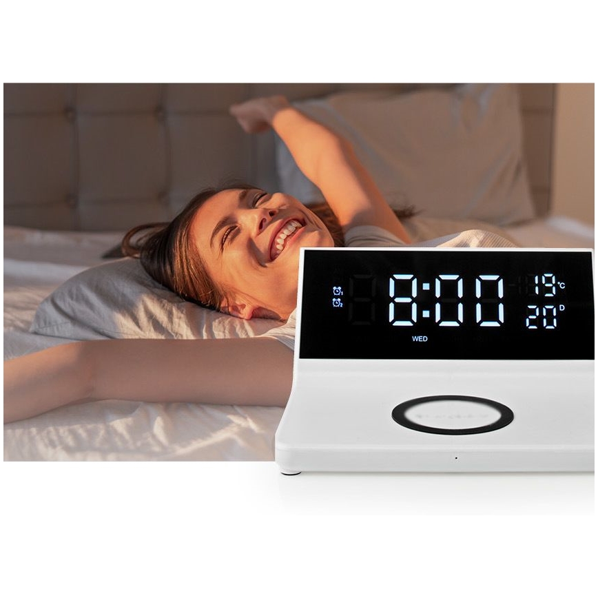 Wecker mit LCD-Anzeige und kabellosem Ladegerät 15W/230V + 1xCR2032 weiß